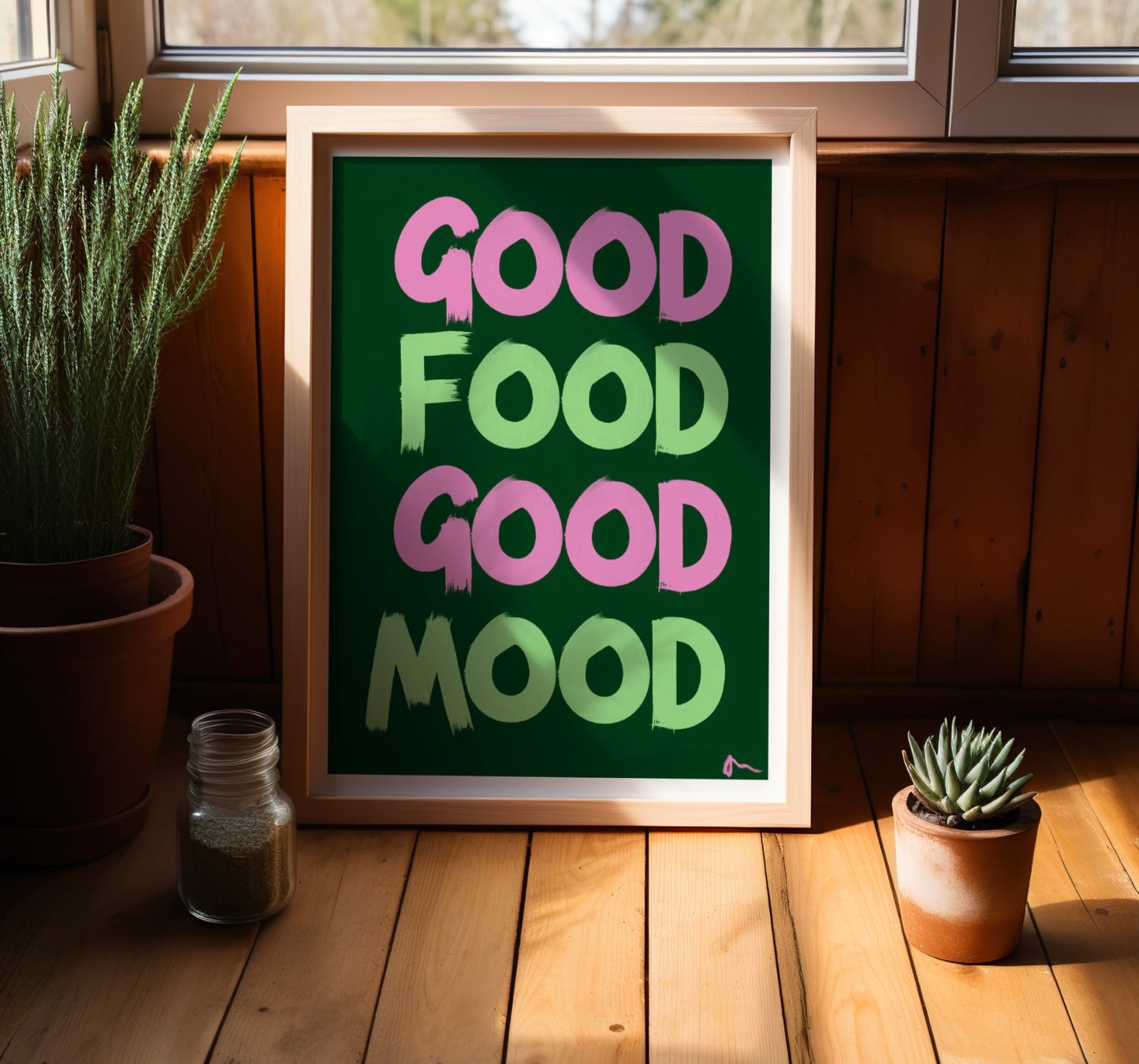 Good Food Good Mood | Pink and Green Kitchen Print
