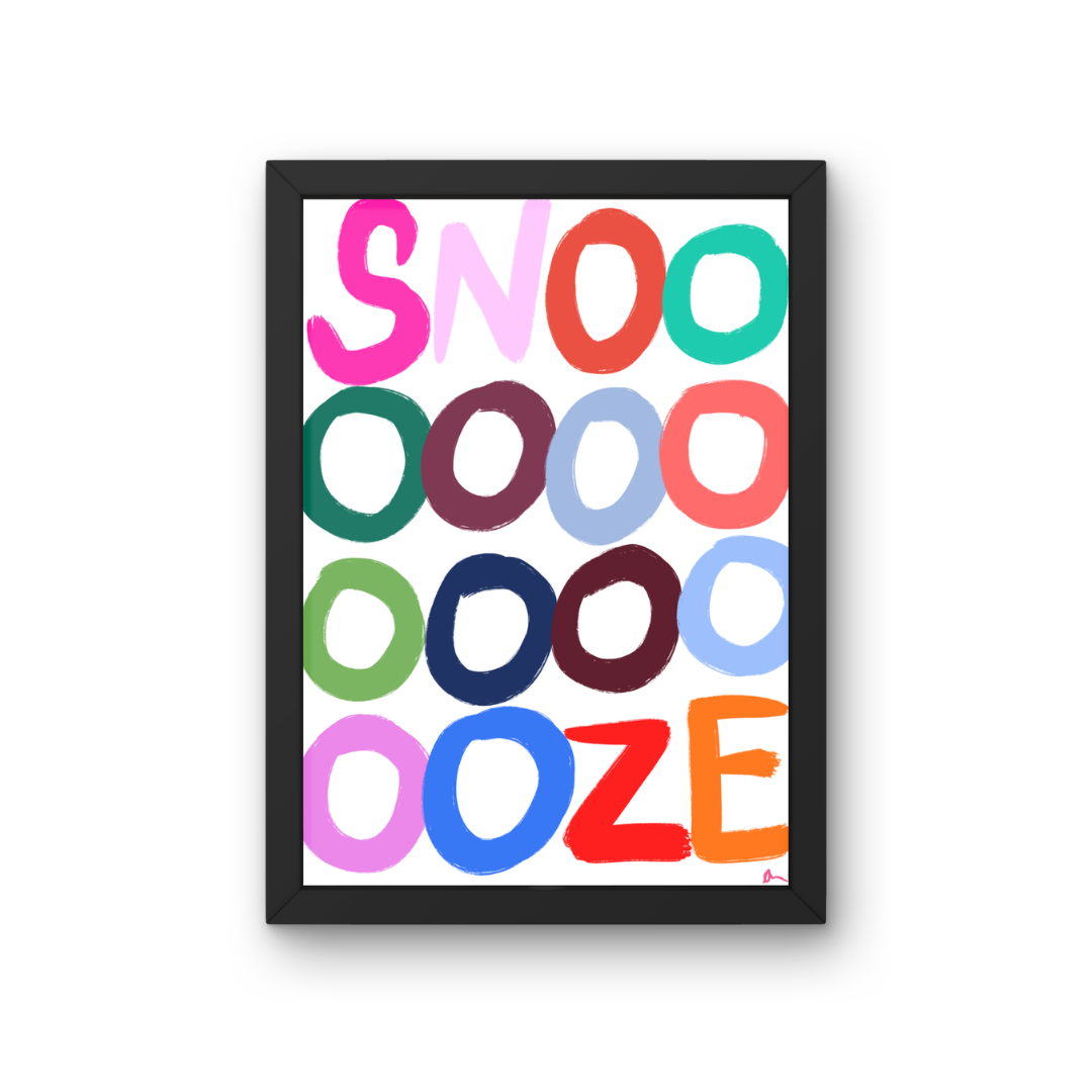 Snoooze | Colourful Bedroom Sleep Typography Playful Art Print